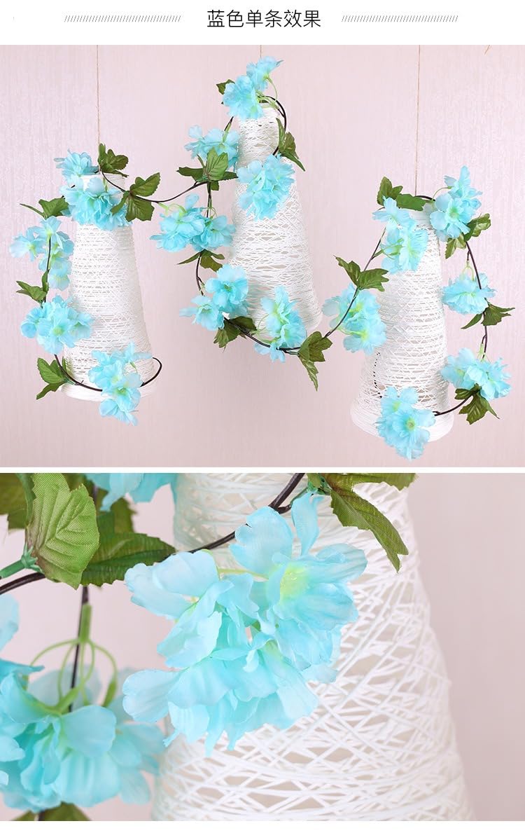 3 pcs Artificial Cherry Blossom Rattan Flowers(Sky Blue) Wall Hanging Decorative Vine String Lines,Modernartmart