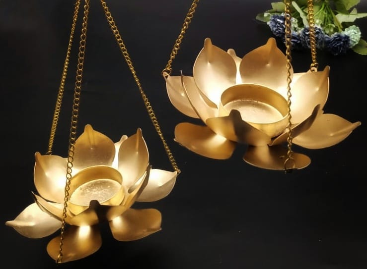 2 Pcs Metal Lotus Candle Holder with Hanging Small Size,Modernartmart